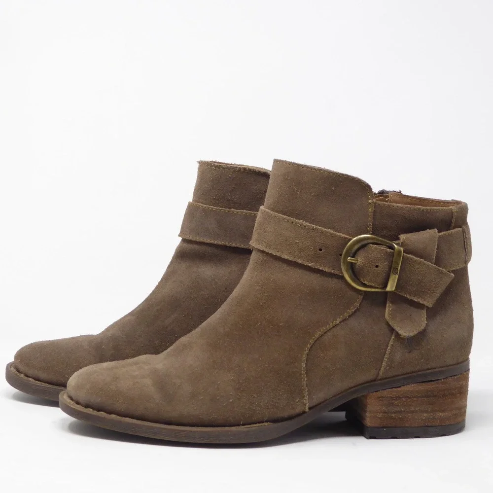 Born Women Morocco Ankle Boots Brown Suede Buckle Strap Block Heel 7